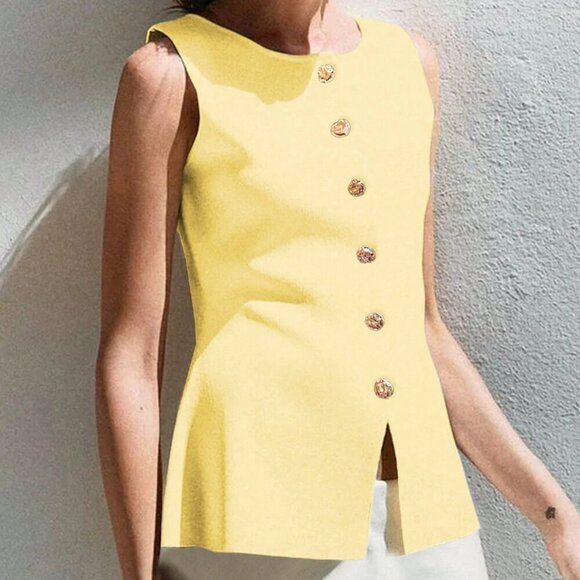 Yellow Casual Women's Metal Button Open Front Sleeveless Jacket - Picture 2 of 8